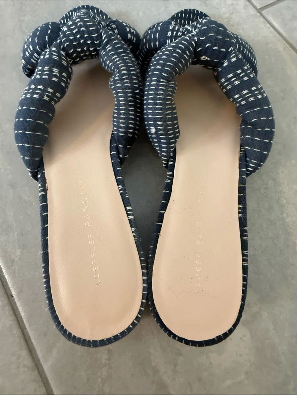 Loeffler Randall Elsie Blue White Woven Boho Fabric Block Heel Sandals Slides 9 - Picture 7 of 10